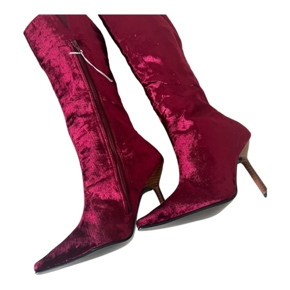 Colin Stuart Red Velvet Leather Mid Calf Pointed Toe Heel Boots Size 7M - Picture 12 of 16